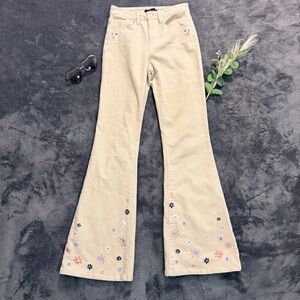 Forever 21 Cream Corduroy Flare Pants with Floral Embroidery Sz S